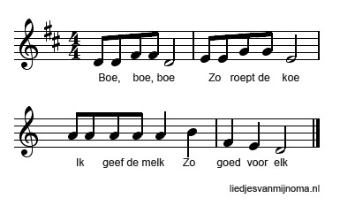 Boe, boe, boe, zo roept de koe bladmuziek